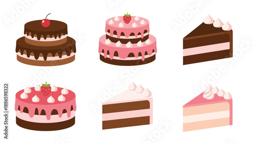 Assorted cakes and pastries on display, featuring chocolate and strawberry desserts with cream toppings.