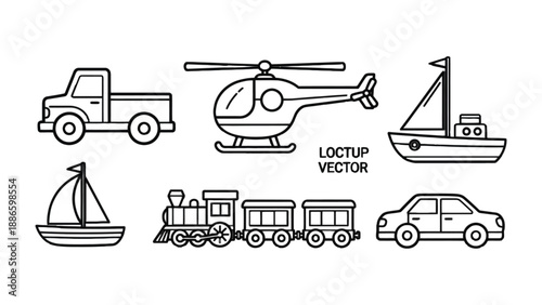 Transportation Icons Illustration: A collection of simple, black and white illustrations of various modes of transportation, perfect for educational or design purposes. 
