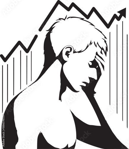 Stressed trader silhouette facing falling market graph anxiety concept vector