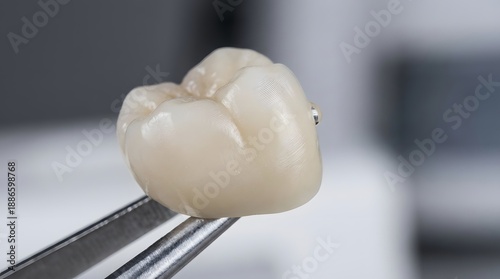 Dental crown held by dental instrument in clinical setting