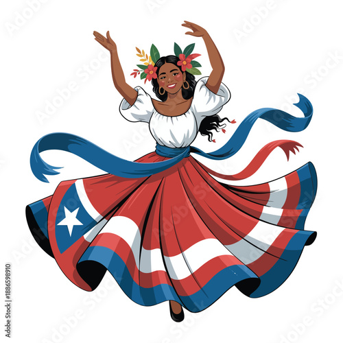 A Puerto Rican woman dancing in traditional attire with a flowing skirt in the colors of the Puerto Rican flag, her hands raised energetically, against a white background.