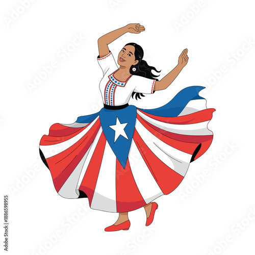 A Puerto Rican woman dancing in traditional attire with a flowing skirt in the colors of the Puerto Rican flag, her hands raised energetically, against a white background.