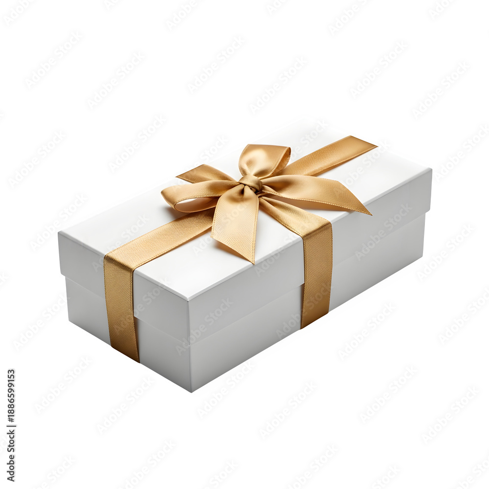 Obraz premium White gift box isolated on transparent background with gold ribbon and bow