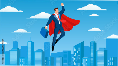A businessman with a cape flies over a city skyline symbolizing success