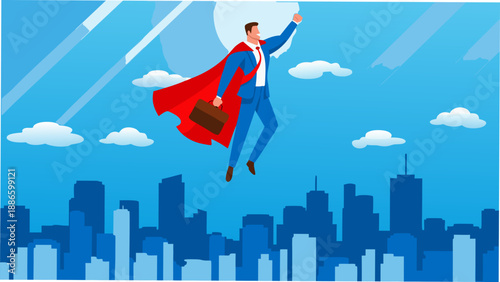 A businessman in a superhero cape flies over a city skyline