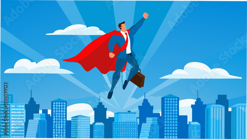 A businessman dressed as a superhero flies over a cityscape with determination