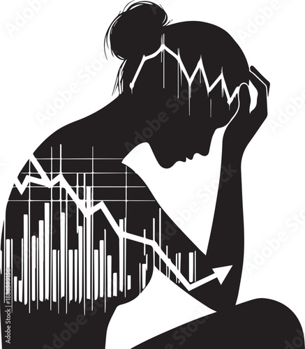 Stressed trader silhouette facing falling market graph anxiety concept vector