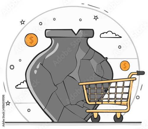 Broken Vase in Shopping Cart with Coins Conceptual Illustration of Financial Loss or Value Depreciation