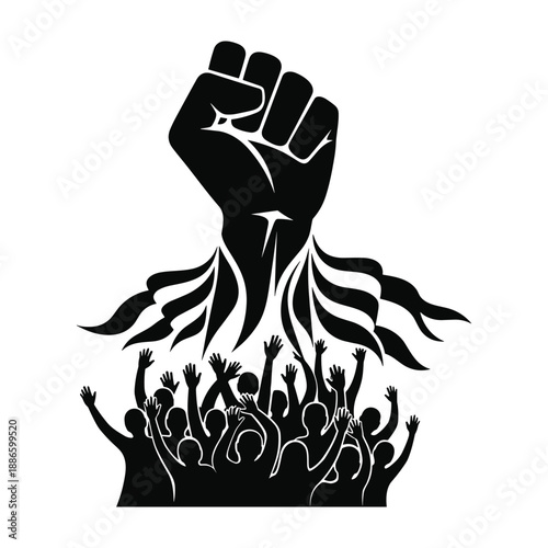 Silhouette of Raised Fist and Crowd Protesting Keywords: protest, revolution, demonstration, uprising, power, strength, fist, raised fist, crowd, people, silhouette, symbol, activism, freedom