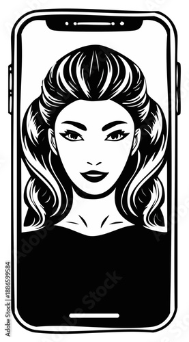Stylized Woman's Face Displayed on Modern Smartphone Screen Black and White Line Art