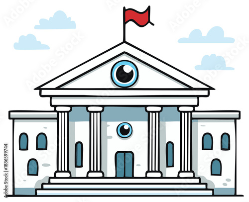 Cartoon government building courthouse public library with columns and red flag