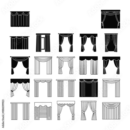 Assortment of twenty-one curtain and drapery icons in black and white line art curtains drapes