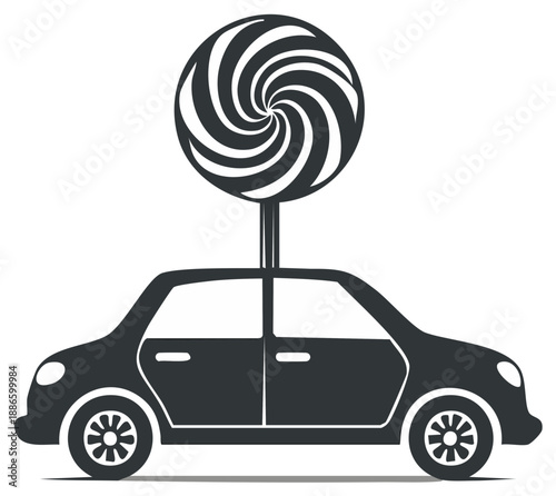Whimsical Car Silhouette Carrying Giant Swirl Lollipop Illustration