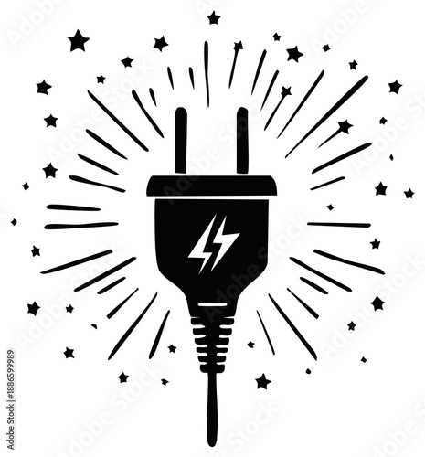 Stylized Electric Plug Silhouette with Rays and Stars Power Connection Icon Energy