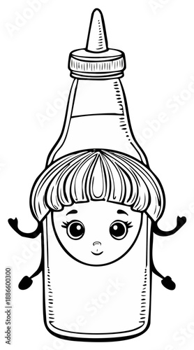 Cute condiment bottle cartoon character illustration black and white outline
