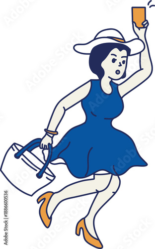 A stylish woman in a blue dress hurries with her phone and handbag, captured in a moment of urgency or surprise, perfect for depicting a fast-paced urban life or a last-minute rush