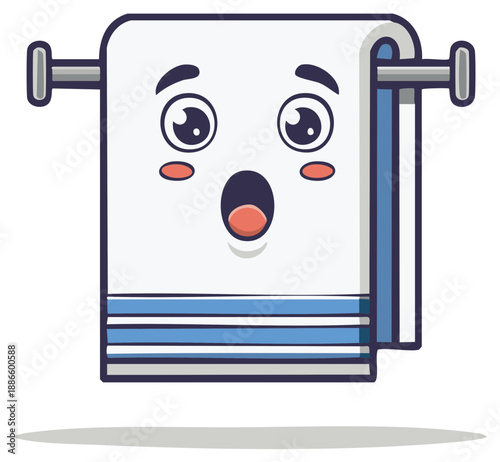 Surprised cartoon towel on a towel rack with wide eyes and open mouth, fresh laundry, spa