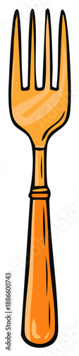 A Cartoon Illustration of an Orange-Colored Fork with Four Prongs, an Essential Kitchen Utensil for Dining and Cooking.