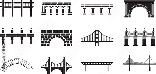 Bridge Silhouette Icons Set Architecture Vector - bridge, bridges, bridge silhouette, bridge icon, bridge set, bridge collection, architecture, architectural, 