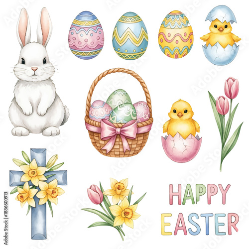 Cute Easter bunny with colorful eggs sitting in spring grass for a happy holiday celebration