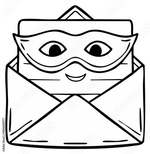 Hand-drawn illustration of an open envelope with a letter peeking out, wearing a playful mask and smiling.