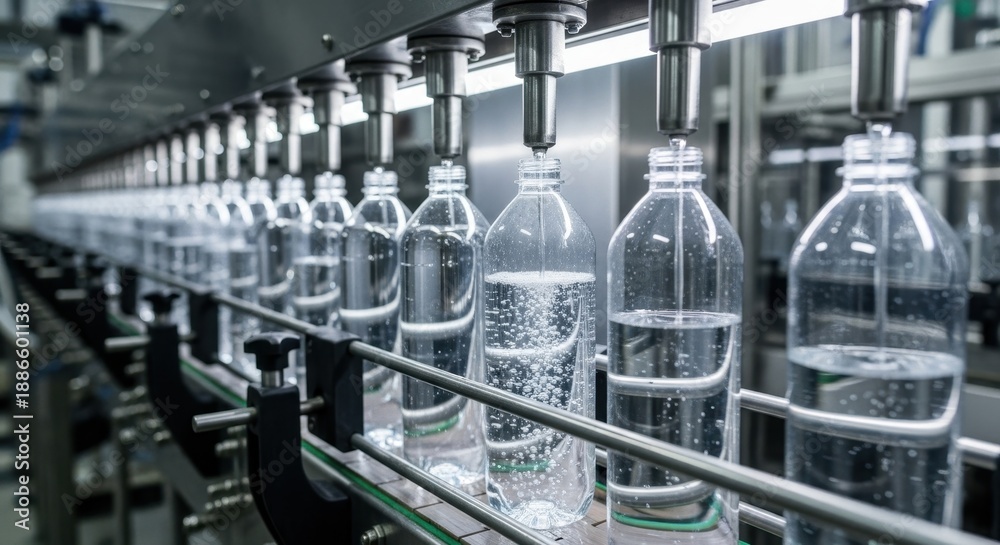 Fototapeta premium Automated bottling line filling clear plastic bottles with liquid.
