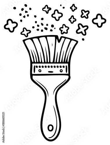 Whimsical paintbrush with sparkling stars and dots creating artful design, black and white outline illustration for creative concepts