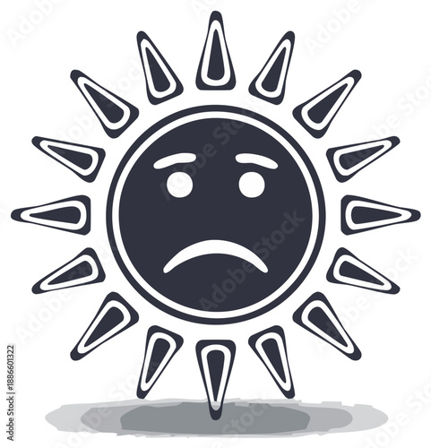 Cartoon sun with sad face isolated on white background showing negative emotion