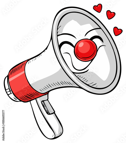Cartoon Megaphone with a Smiling Face and Hearts Floating in the Air