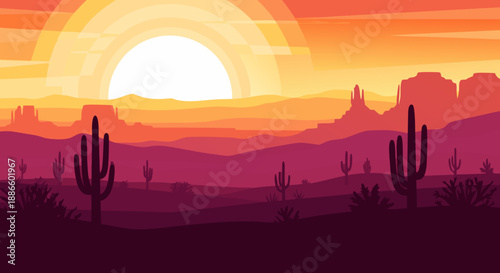 Warm Desert Sunset Vector Illustration with Silhouetted Cacti and Layered Mountains. A Gradient Sky Landscape for Nature-Inspired Design Concepts