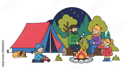 Family camping trip at dusk with children playing near a campfire under starry night sky