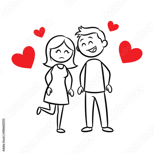 Cartoon couple with one person happy and the other looking displeased surrounded by hearts love relationship