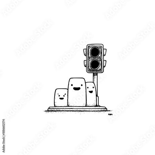 Smiling marshmallows on sidewalk by traffic light cartoon illustration black and white