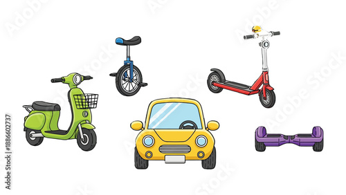 Urban Mobility: A collection of various modern vehicles showcasing a range of transportation options for urban environments, from scooters to a car, highlighting diverse mobility solutions.