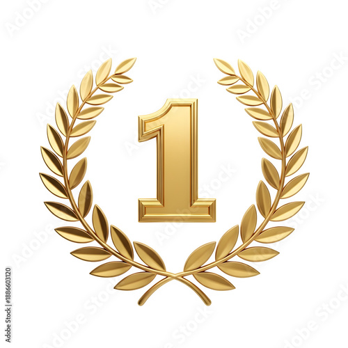 Golden laurel wreath with number 1 isolated on transparent background