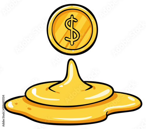Cartoon gold coin melts into a puddle of gold creating an illustration of financial losses or melting assets