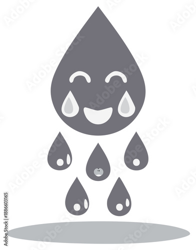 Cartoon grey raindrop character with happy face and tears, raining from above, flat design