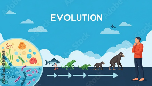 Man observing evolution from cells to human illustrating biological history and development