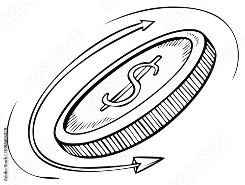 Hand-drawn illustration of a coin spinning through the air with dollar symbol. Currency exchange and money turnover concept.