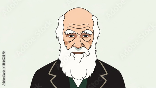 Cartoon illustration of an elderly man with white hair and beard wearing a black suit