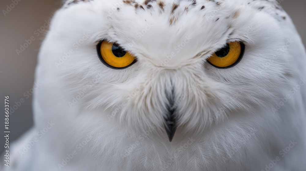 Obraz premium Macro close up portrait of a majestic white snowy owl face featuring intense yellow eyes and soft fluffy feathers. 