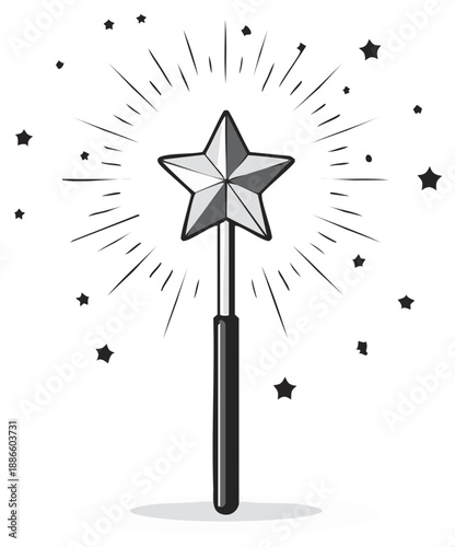 Magical wand with star, radiating light beams, sparkling star elements, cartoon style.