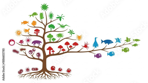 Colorful tree with diverse animals and plants illustrating ecosystem balance and biodiversity