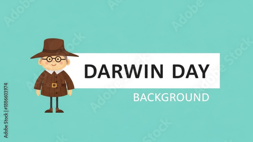 Illustration of a man in a brown outfit and hat on a darwin day background with a teal color scheme