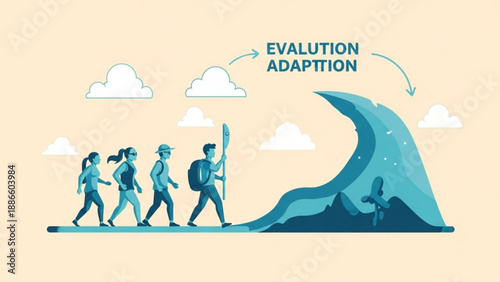 People walking towards evolution and adaptation wave with clouds in the background symbolizing growth and transformation in a business or personal development context