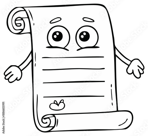 Cartoon scroll document with arms and face, agreement, contract, sketch