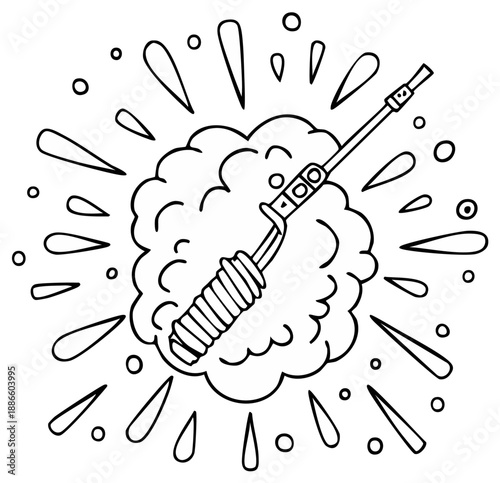Hand drawn doodle of a pressure washer spray nozzle creating a cloud of water and splashes