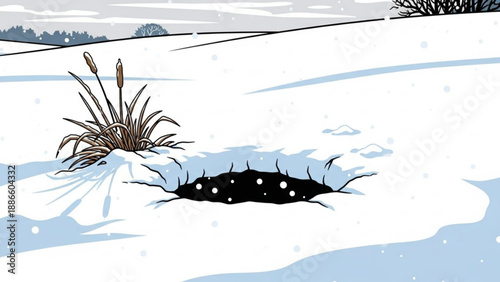 Winter landscape with a hole in the snow and cattails illustration for seasonal concepts and nature scenes