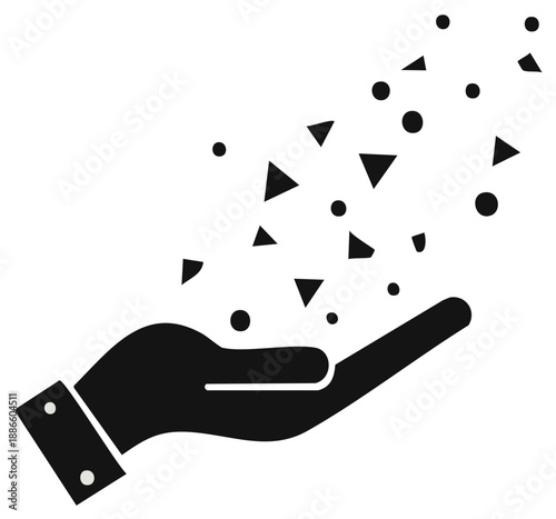 Hand Offering Scattered Geometric Shapes and Particles Abstract Concept Symbol