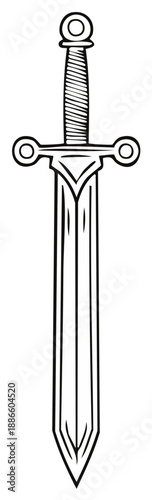 Black and white line art illustration of a medieval sword with ornate hilt